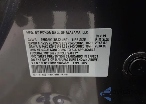 2019 Honda Pilot Touring z USA, uszkodzony, nr VIN 5FNYF6H9XKB053624